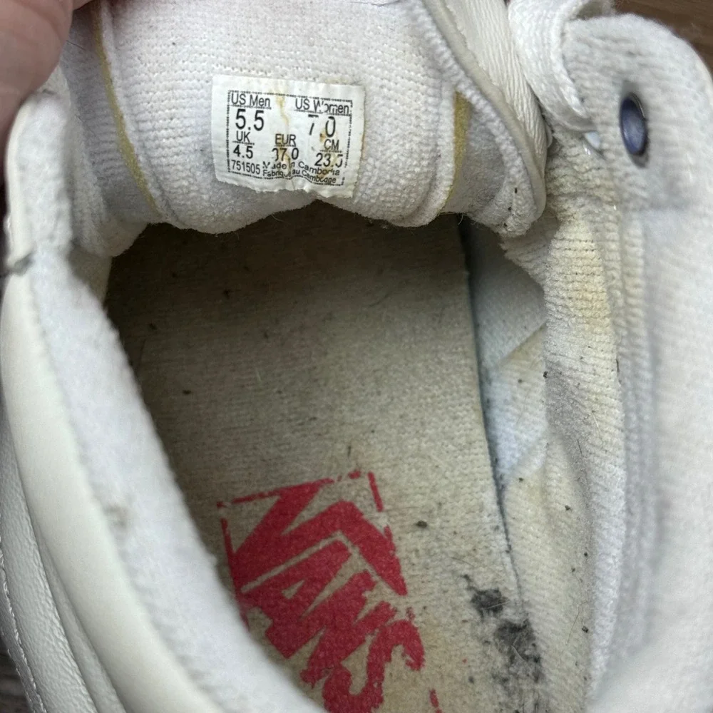 Vans Sk8-Hi Sneakers Womens 7 Mens 5.5 Off-White Leather Good High Top Blue Trim